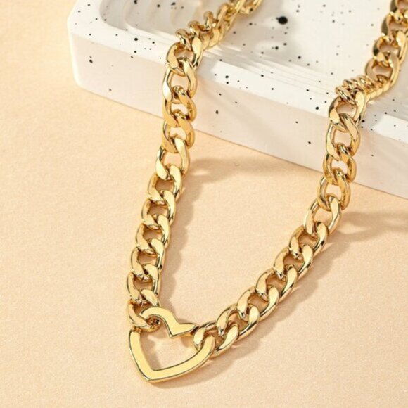 18K Gold Filled Heart Chain Choker Necklace | 13.8" + 2 - Picture 2 of 4